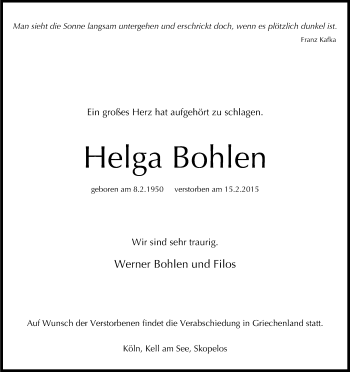 Anzeige von Helga Bohlen von Kölner Stadt-Anzeiger / Kölnische Rundschau / Express