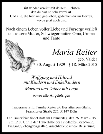 Anzeige von Maria Reiter von  Kölner Wochenspiegel 
