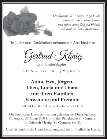 Anzeige von Gertrud König von  Werbepost 
