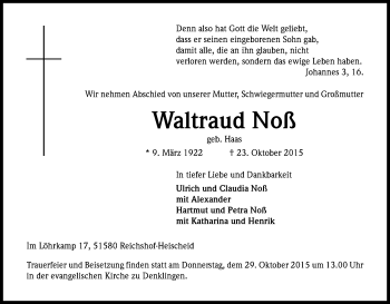 Anzeige von Waltraud Noß von Kölner Stadt-Anzeiger / Kölnische Rundschau / Express