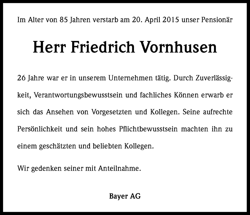  Traueranzeige für Friedrich Vornhusen vom 30.04.2015 aus Kölner Stadt-Anzeiger / Kölnische Rundschau / Express