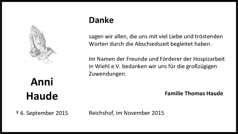  Traueranzeige für Anni Haude vom 07.11.2015 aus Kölner Stadt-Anzeiger / Kölnische Rundschau / Express
