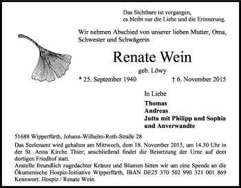 Anzeige von Renate Wein von Kölner Stadt-Anzeiger / Kölnische Rundschau / Express
