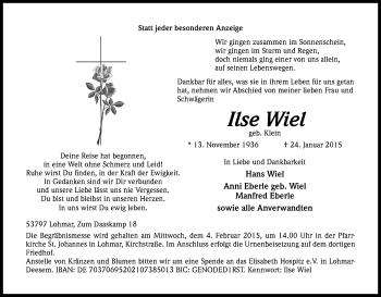 Anzeige von Ilse Wiel von Kölner Stadt-Anzeiger / Kölnische Rundschau / Express