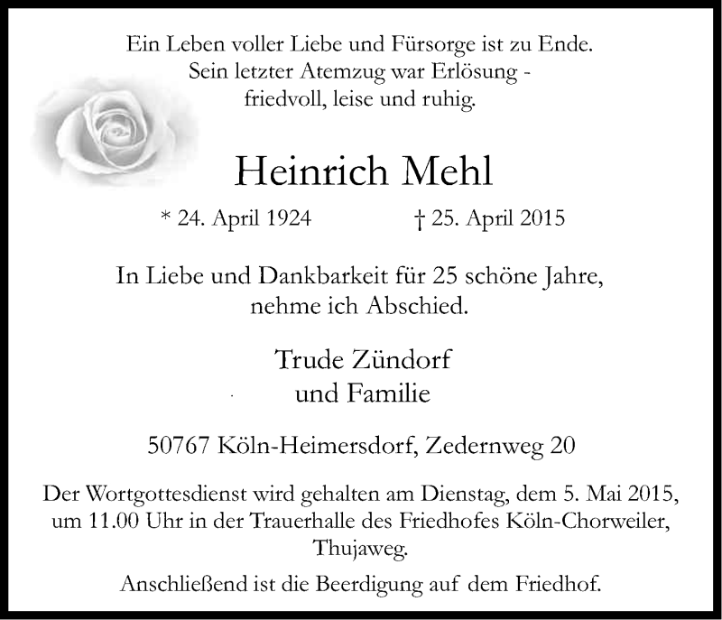 Traueranzeige für Heinrich Mehl vom 02.05.2015 aus Kölner Stadt-Anzeiger / Kölnische Rundschau / Express