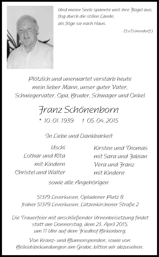  Traueranzeige für Franz Schönenborn vom 18.04.2015 aus Kölner Stadt-Anzeiger / Kölnische Rundschau / Express