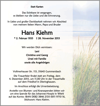 Anzeige von Hans Kiehm von Kölner Stadt-Anzeiger / Kölnische Rundschau / Express