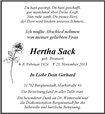Anzeige von Hertha Sack von  Anzeigen Echo 