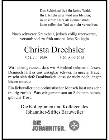 Anzeige von Christa Drechsler von Kölner Stadt-Anzeiger / Kölnische Rundschau / Express