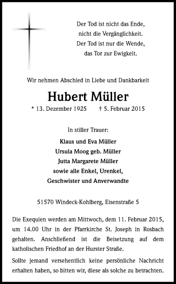 Anzeige von Hubert Müller von Kölner Stadt-Anzeiger / Kölnische Rundschau / Express