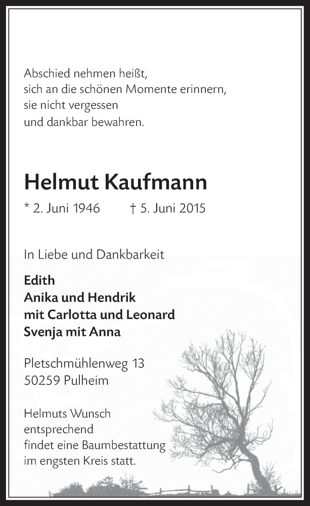  Traueranzeige für Helmut Kaufmann vom 10.06.2015 aus  Wochenende 