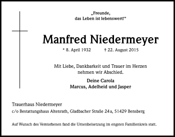 Anzeige von Manfred Niedermeyer von Kölner Stadt-Anzeiger / Kölnische Rundschau / Express