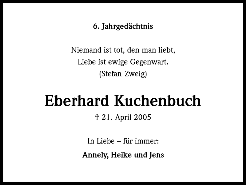  Traueranzeige für Eberhard Kuchenbuch vom 21.04.2011 aus Kölner Stadt-Anzeiger / Kölnische Rundschau / Express