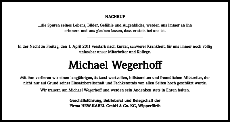  Traueranzeige für Michael Wegerhoff vom 09.04.2011 aus Kölner Stadt-Anzeiger / Kölnische Rundschau / Express
