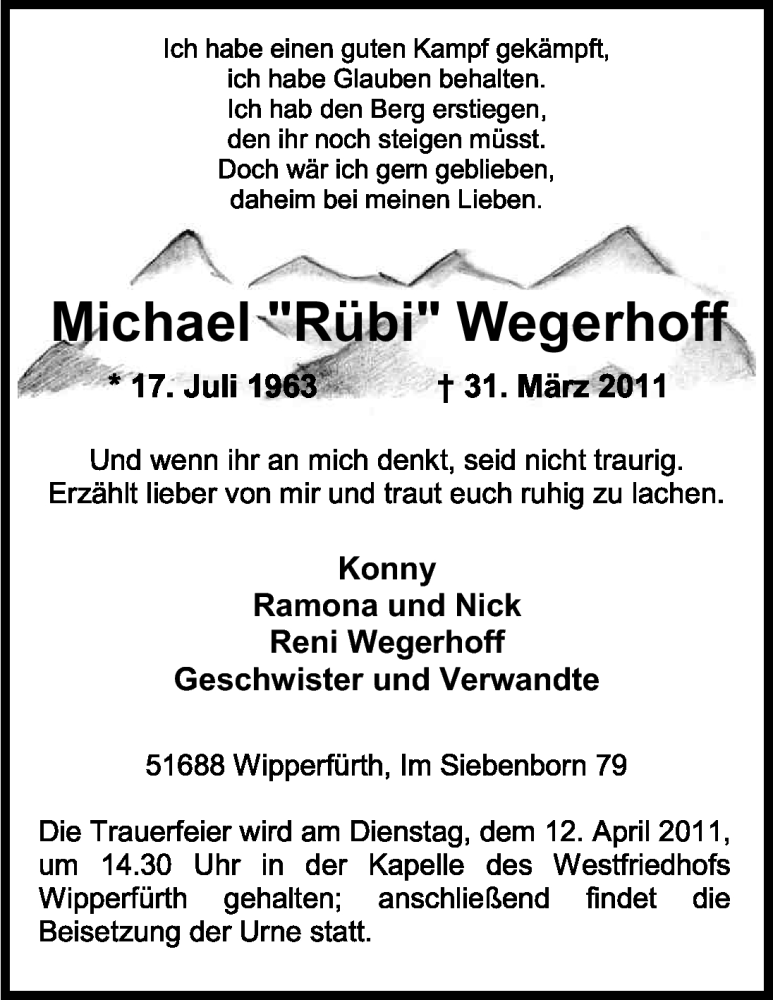  Traueranzeige für Michael Wegerhoff vom 06.04.2011 aus Kölner Stadt-Anzeiger / Kölnische Rundschau / Express