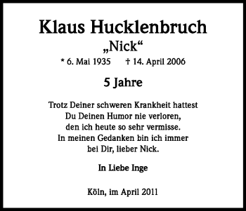 Anzeige von Klaus Hucklenbruch von Kölner Stadt-Anzeiger / Kölnische Rundschau / Express