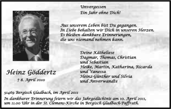 Anzeige von Heinz Göddertz von Kölner Stadt-Anzeiger / Kölnische Rundschau / Express