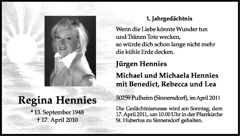  Traueranzeige für Regina Hennies vom 09.04.2011 aus Kölner Stadt-Anzeiger / Kölnische Rundschau / Express