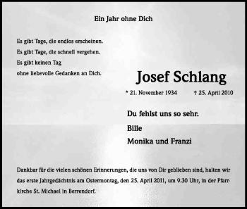 Anzeige von Josef Schlang von Kölner Stadt-Anzeiger / Kölnische Rundschau / Express