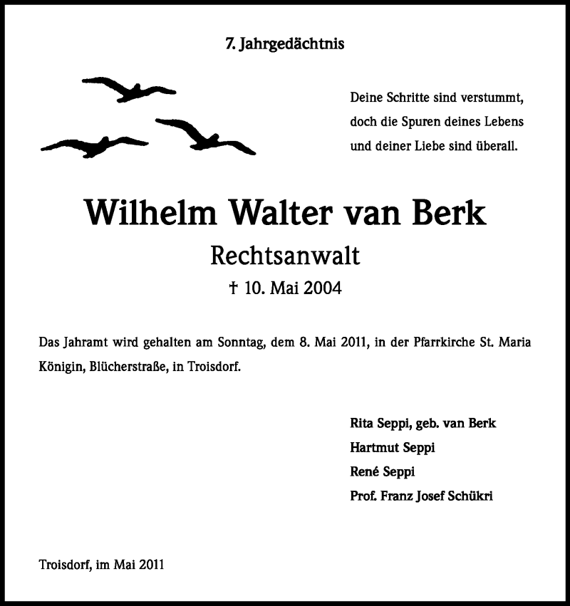  Traueranzeige für Wilhelm Walter van Berk vom 30.04.2011 aus Kölner Stadt-Anzeiger / Kölnische Rundschau / Express