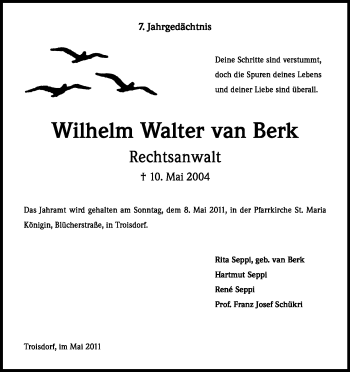 Anzeige von Wilhelm Walter van Berk von Kölner Stadt-Anzeiger / Kölnische Rundschau / Express