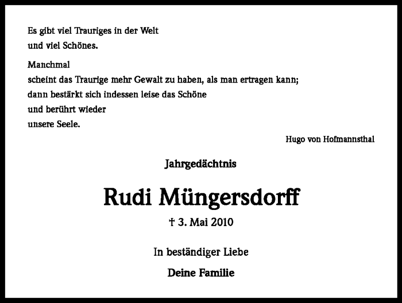  Traueranzeige für Rudi Müngersdorff vom 03.05.2011 aus Kölner Stadt-Anzeiger / Kölnische Rundschau / Express