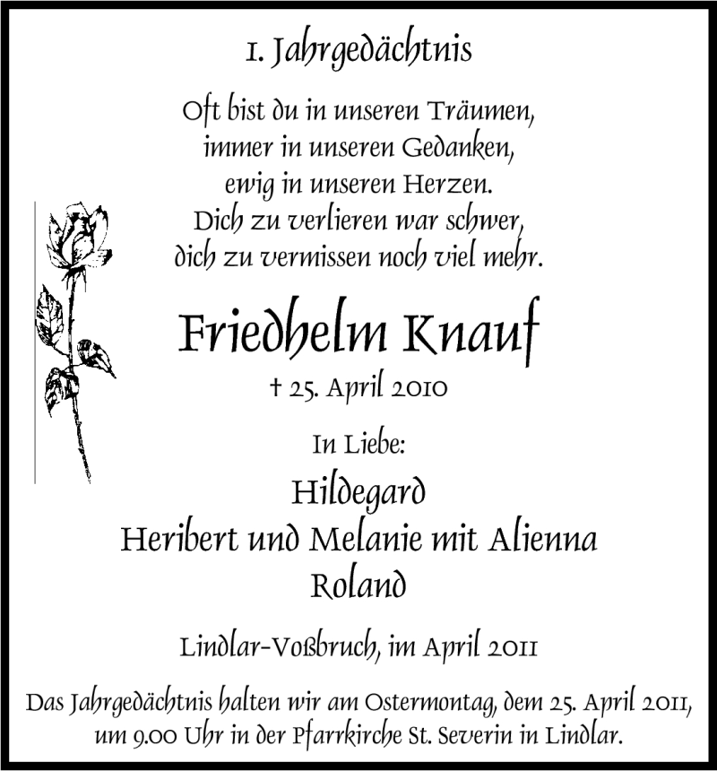  Traueranzeige für Friedhelm Knauf vom 23.04.2011 aus Kölner Stadt-Anzeiger / Kölnische Rundschau / Express