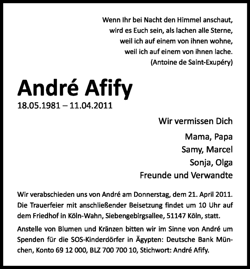  Traueranzeige für André Afify vom 18.04.2011 aus Kölner Stadt-Anzeiger / Kölnische Rundschau / Express