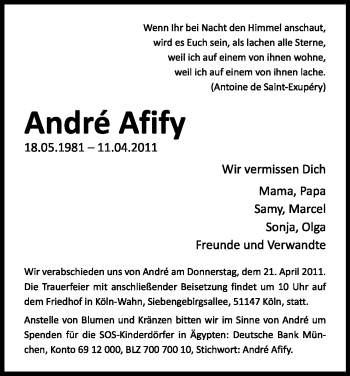 Anzeige von André Afify von Kölner Stadt-Anzeiger / Kölnische Rundschau / Express