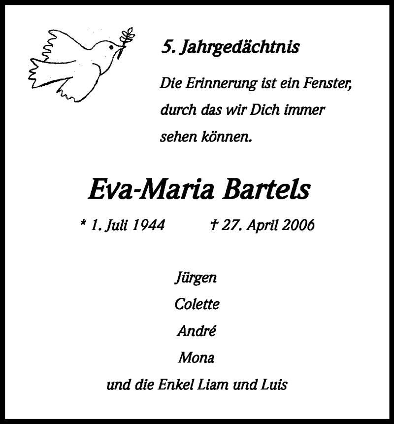  Traueranzeige für Eva-Maria Bartels vom 27.04.2011 aus Kölner Stadt-Anzeiger / Kölnische Rundschau / Express