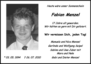 Anzeige von Fabian Menzel von Kölner Stadt-Anzeiger / Kölnische Rundschau / Express