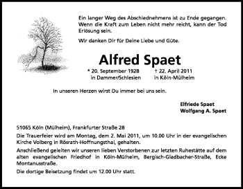 Anzeige von Alfred Spaet von Kölner Stadt-Anzeiger / Kölnische Rundschau / Express