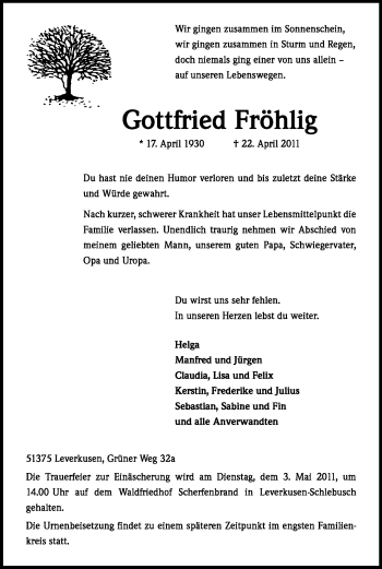 Anzeige von Gottfried Fröhlig von Kölner Stadt-Anzeiger / Kölnische Rundschau / Express