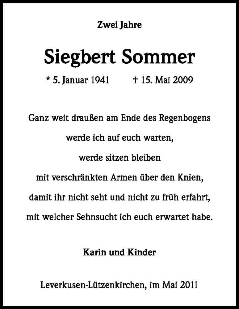  Traueranzeige für Siegbert Sommer vom 14.05.2011 aus Kölner Stadt-Anzeiger / Kölnische Rundschau / Express