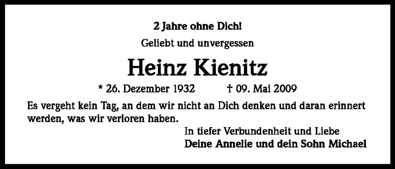  Traueranzeige für Heinz Kienitz vom 09.05.2011 aus Kölner Stadt-Anzeiger / Kölnische Rundschau / Express