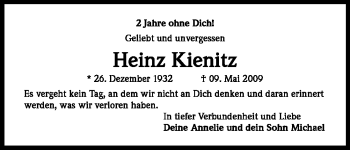 Anzeige von Heinz Kienitz von Kölner Stadt-Anzeiger / Kölnische Rundschau / Express