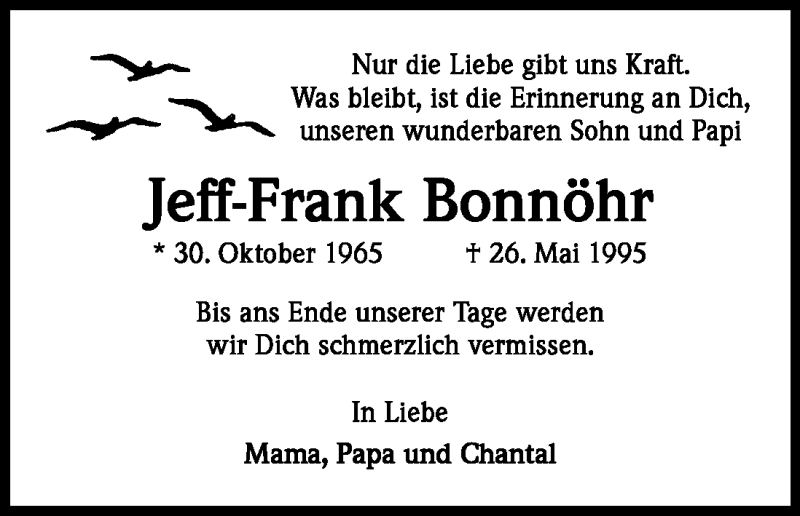  Traueranzeige für Jeff-Frank Bonnöhr vom 26.05.2011 aus Kölner Stadt-Anzeiger / Kölnische Rundschau / Express