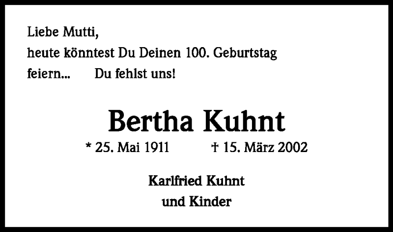  Traueranzeige für Bertha Kuhnt vom 25.05.2011 aus Kölner Stadt-Anzeiger / Kölnische Rundschau / Express