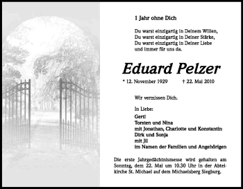 Anzeige von Eduard Pelzer von Kölner Stadt-Anzeiger / Kölnische Rundschau / Express
