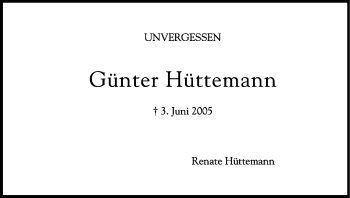 Anzeige von Günter Hüttemann von Kölner Stadt-Anzeiger / Kölnische Rundschau / Express