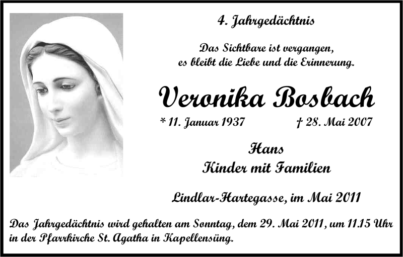  Traueranzeige für Veronika Bosbach vom 28.05.2011 aus Kölner Stadt-Anzeiger / Kölnische Rundschau / Express