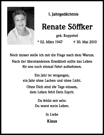 Anzeige von Renate Söffker von Kölner Stadt-Anzeiger / Kölnische Rundschau / Express
