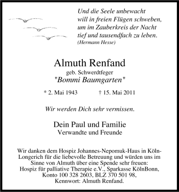 Anzeige von Almuth Renfand von Kölner Stadt-Anzeiger / Kölnische Rundschau / Express