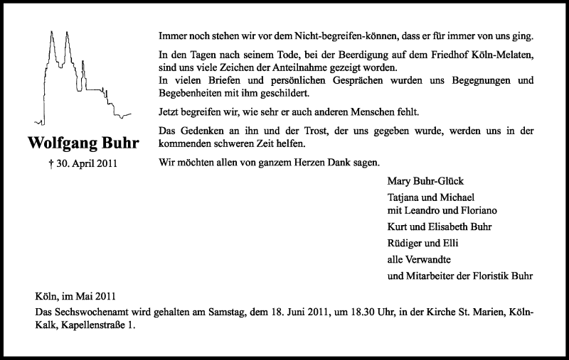  Traueranzeige für Wolfgang Buhr vom 28.05.2011 aus Kölner Stadt-Anzeiger / Kölnische Rundschau / Express