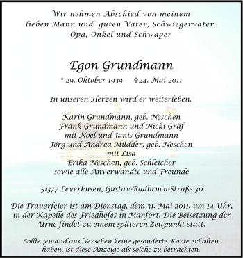 Anzeige von Egon Grundmann von Kölner Stadt-Anzeiger / Kölnische Rundschau / Express