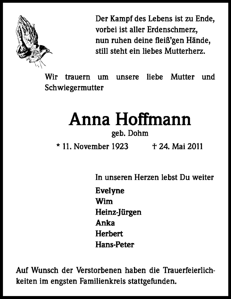  Traueranzeige für Anna Hoffmann vom 28.05.2011 aus Kölner Stadt-Anzeiger / Kölnische Rundschau / Express