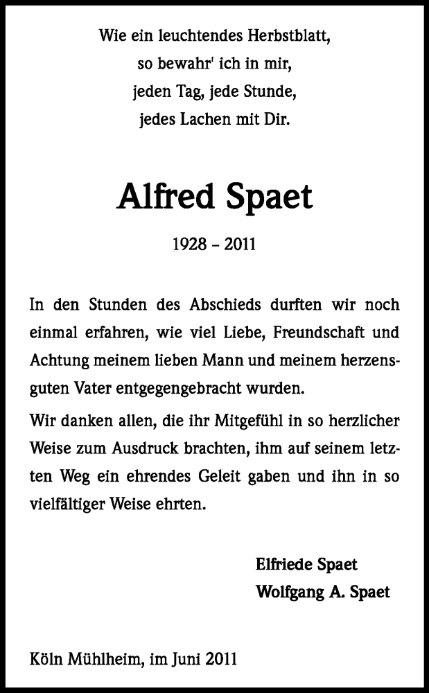  Traueranzeige für Alfred Spaet vom 04.06.2011 aus Kölner Stadt-Anzeiger / Kölnische Rundschau / Express