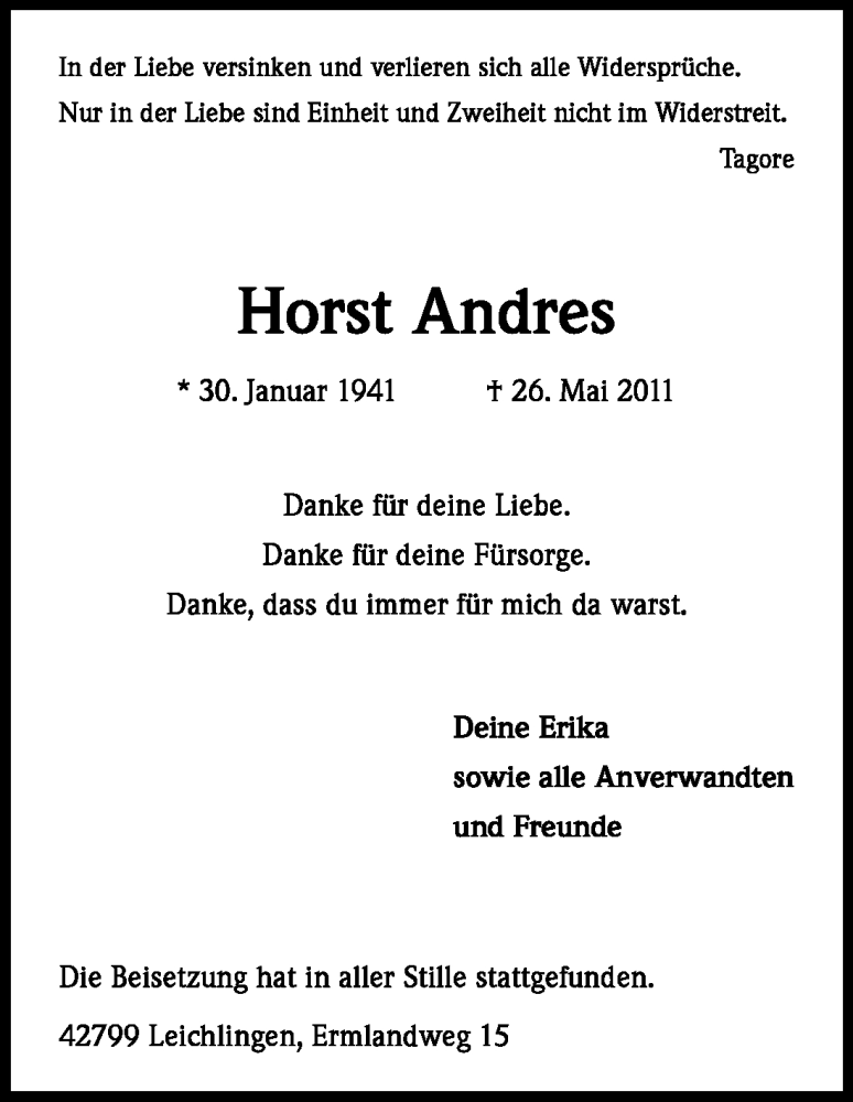  Traueranzeige für Horst Andres vom 04.06.2011 aus Kölner Stadt-Anzeiger / Kölnische Rundschau / Express