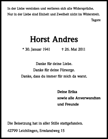 Anzeige von Horst Andres von Kölner Stadt-Anzeiger / Kölnische Rundschau / Express