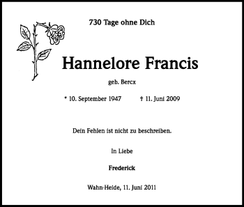 Anzeige von Hannelore Francis von Kölner Stadt-Anzeiger / Kölnische Rundschau / Express